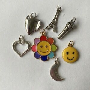 7pc Bundle Jewelry Charms Silver Plated Enamel Smiley Face Heart Moon DIY Craft